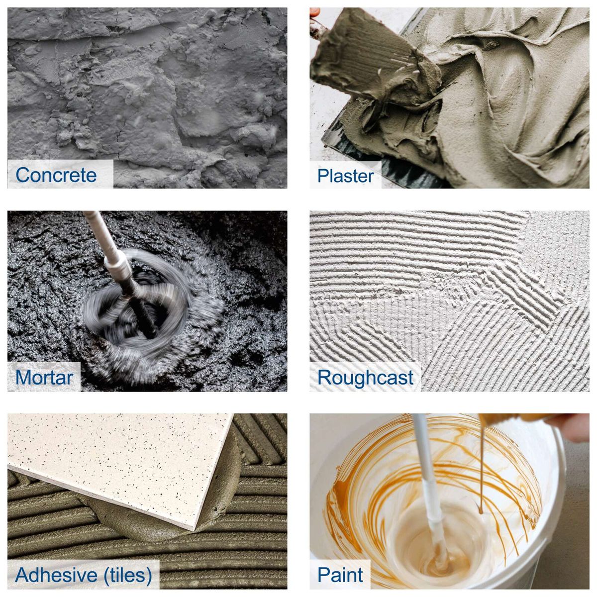 Materials: concrete, plaster mortar, screed, paint, tile adhesive