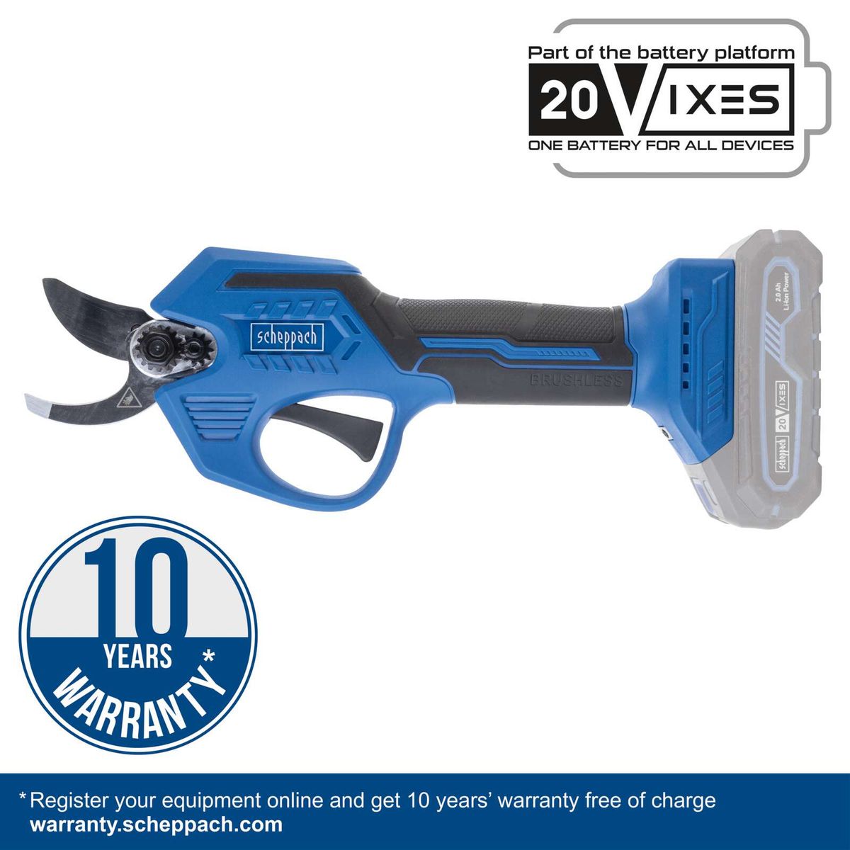 Scheppach cordless pruning shears featuring a 10-year warranty, 20V lithium-ion battery, with 15mm and 28mm blades