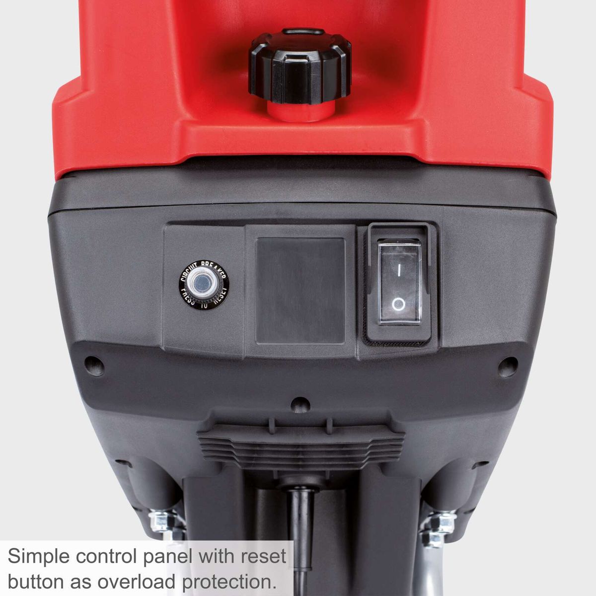 Electric garden shredder featuring simple control panel with overload reset button