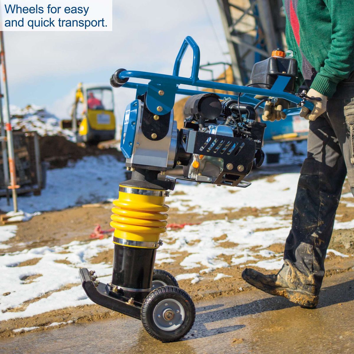 Transport wheels for easy and quick handling of the vibration tamp with a mounting frame