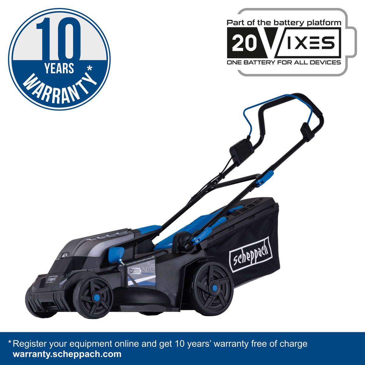Scheppach battery-powered lawnmower with 10-year warranty, 20V battery system, brushless motor, free 10-year online registration