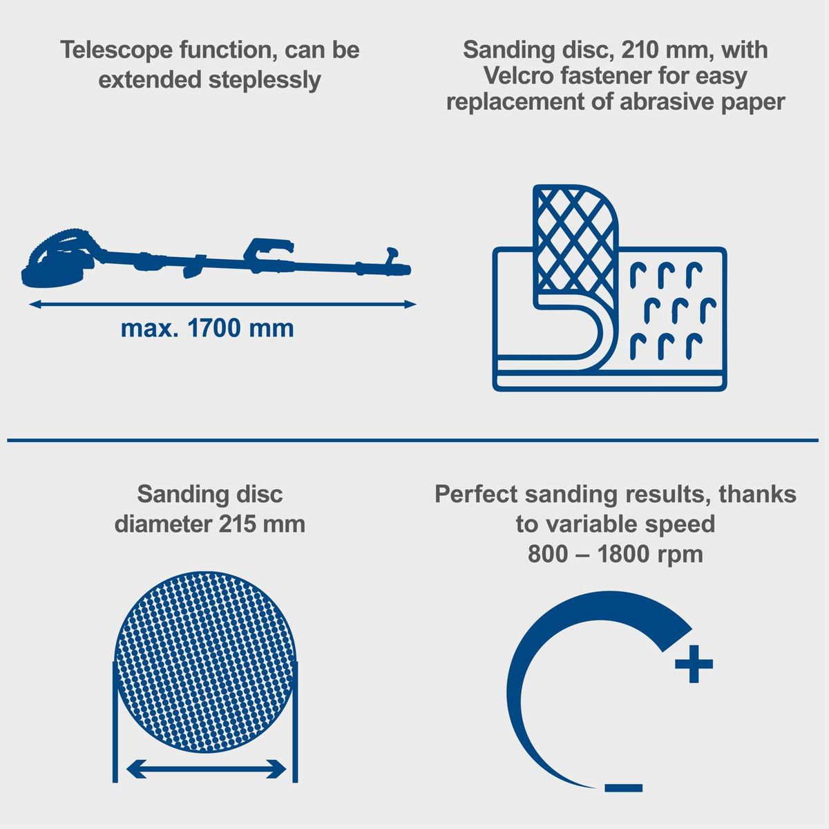 Wall sander with extendable handle (up to 1700 mm) and replaceable sanding discs (210 mm and 215 mm) featuring Velcro attachment