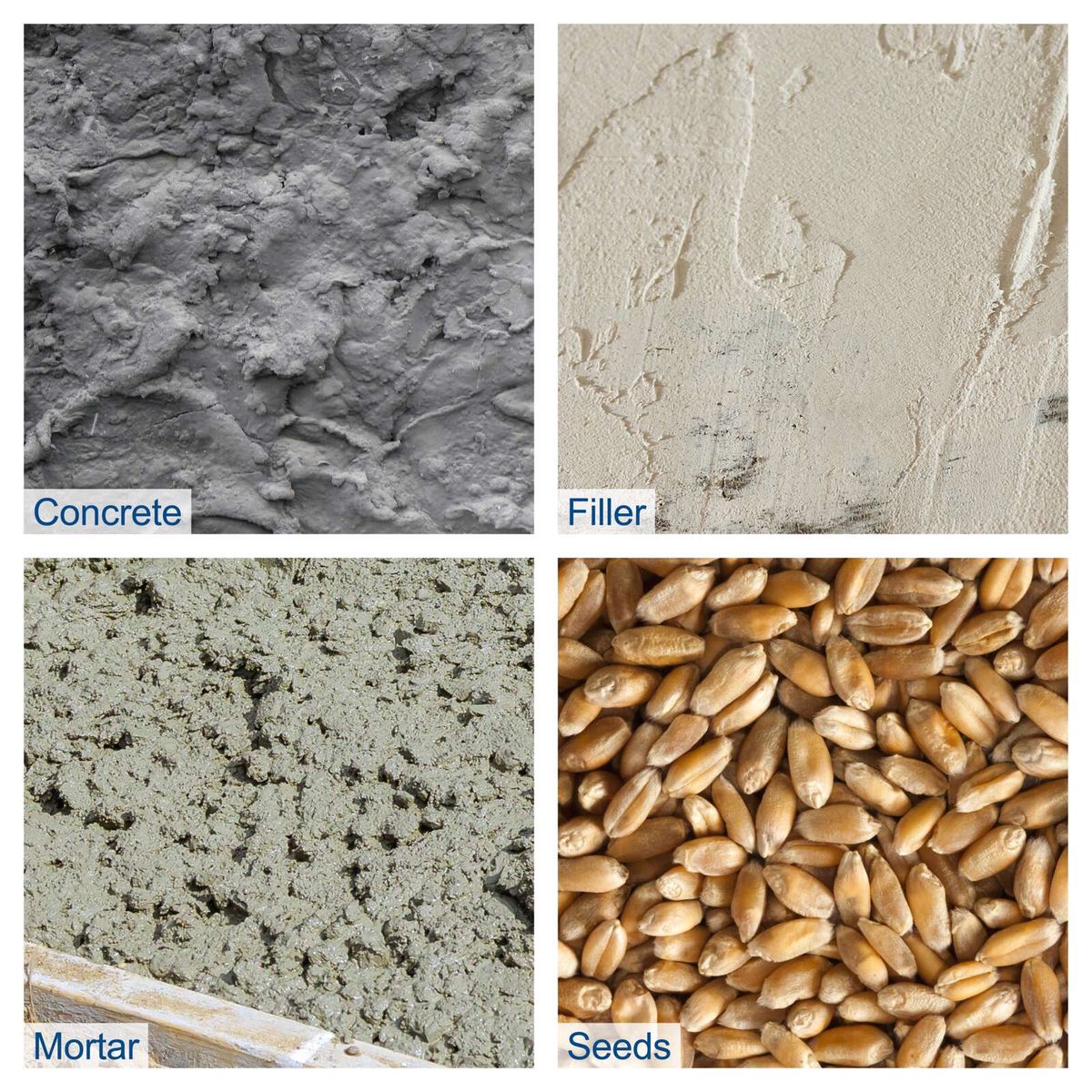 Illustrations of concrete, filler, mortar, and seeds for material reference