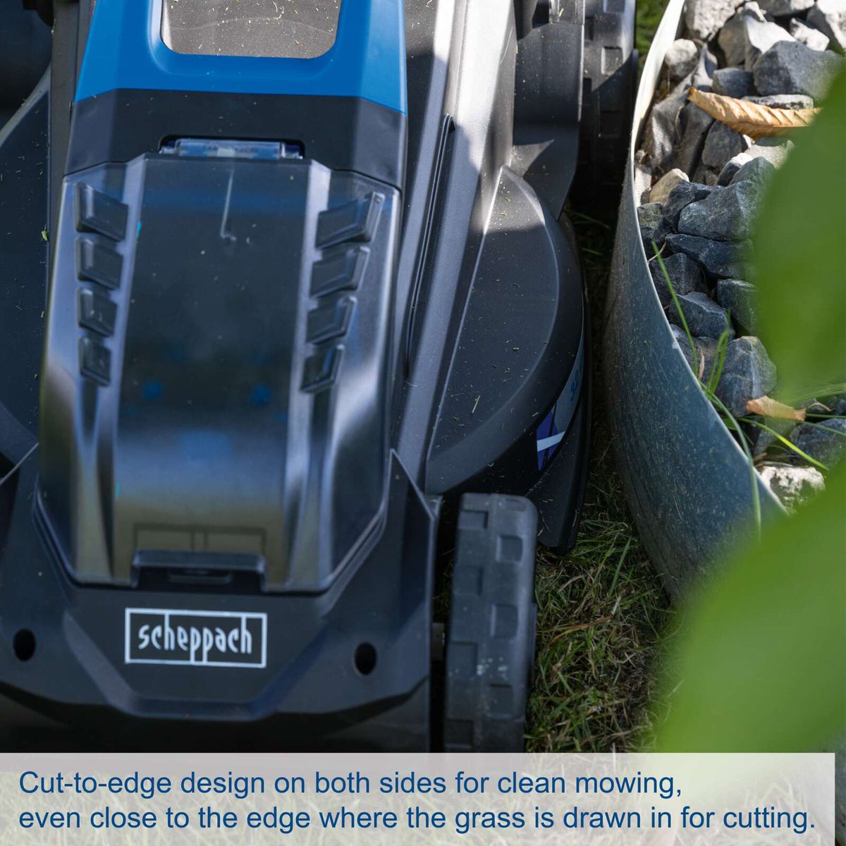 Scheppach battery lawnmower with sharp edge cutting for clean mowing near the edge