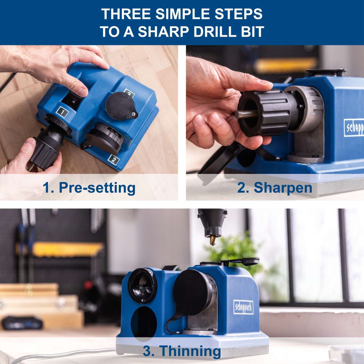Three-step guide to sharpening a drill bit: pre-setting, sharpening, thinning