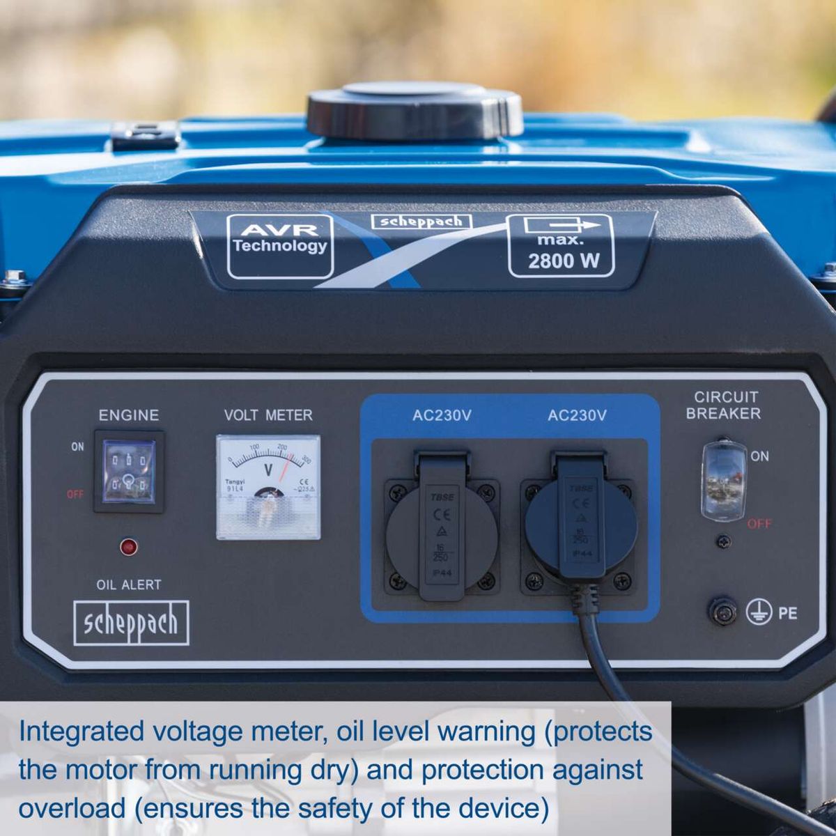 Scheppach generator featuring integrated voltage meter, oil level warning, and overload protection for safety.