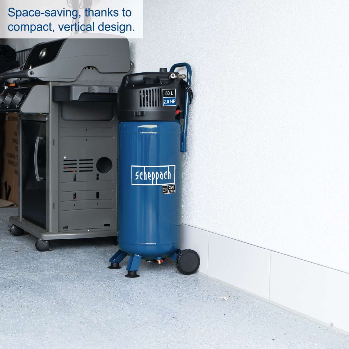 Standing air compressor with 50L tank, oil-free and low-maintenance, compact vertical design for space-saving storage