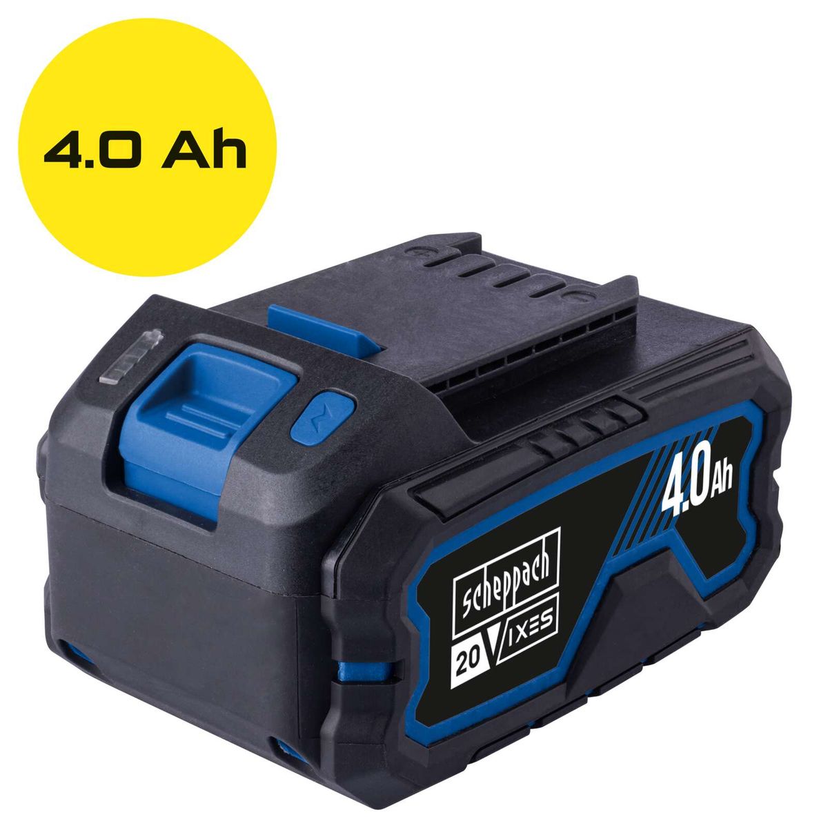 Scheppach 4.0Ah battery featuring LED charge display and 20V cordless technology for SBP series