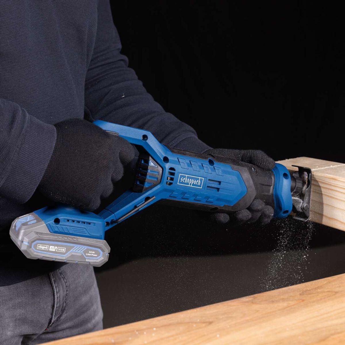 Scheppach cordless reciprocating saw with LED display and stroke mechanism, ergonomic grip