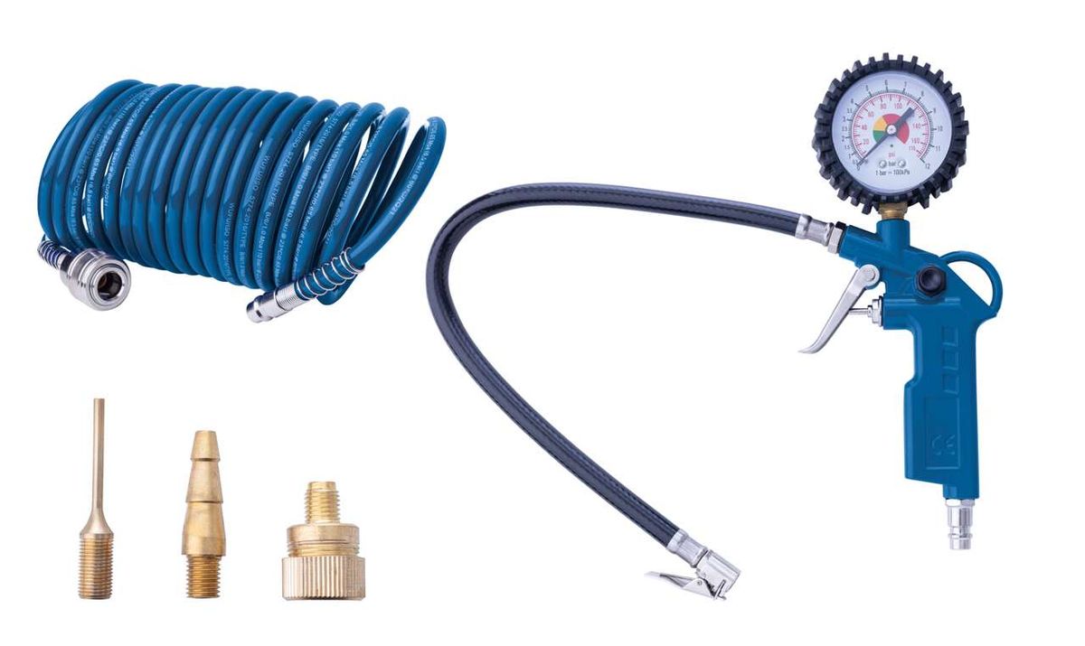Scheppach 5-piece compressor accessory set. Includes hose, pressure gauge, various adapters, and a connector.