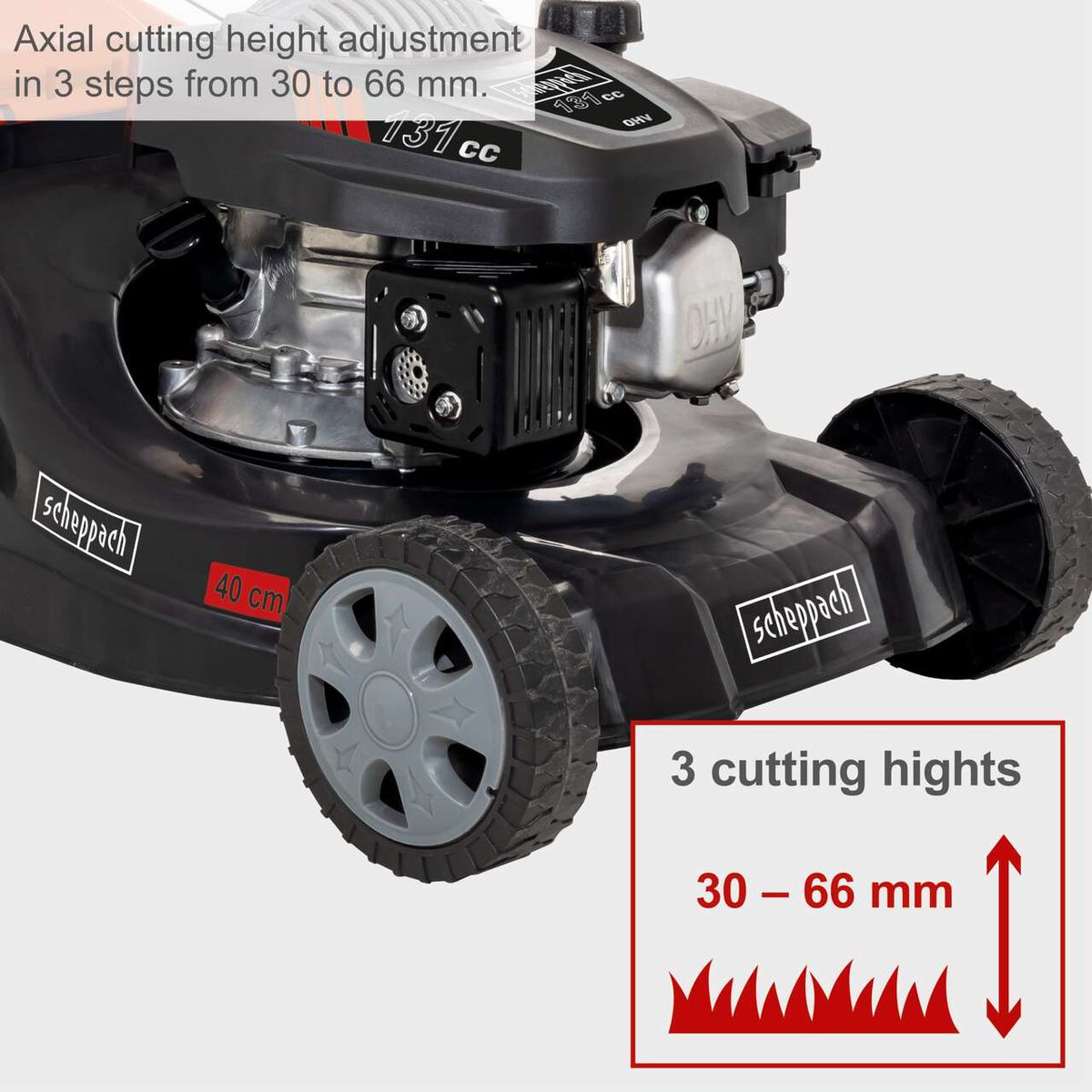 Scheppach petrol lawn mower with adjustable cutting height from 30 to 66 mm in three settings