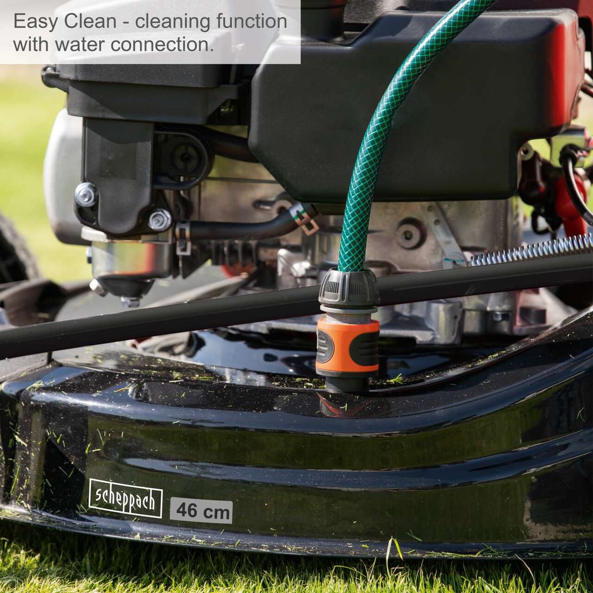 Scheppach lawnmower with easy-clean water connection feature for maintenance