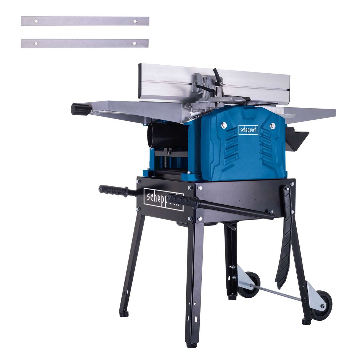 Scheppach planer with stand and workbench, showing guide rails