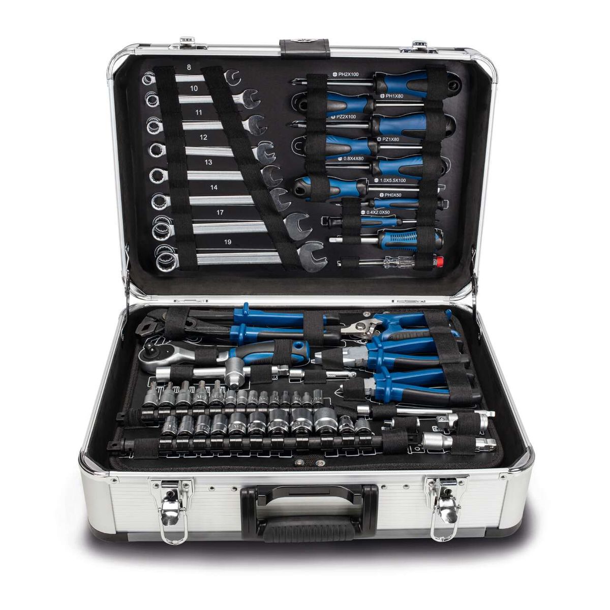 Scheppach TB150 tool kit case containing a 101-piece tool set including sockets, wrenches, pliers, and specialized tools for mechanical repairs and assembly tasks.