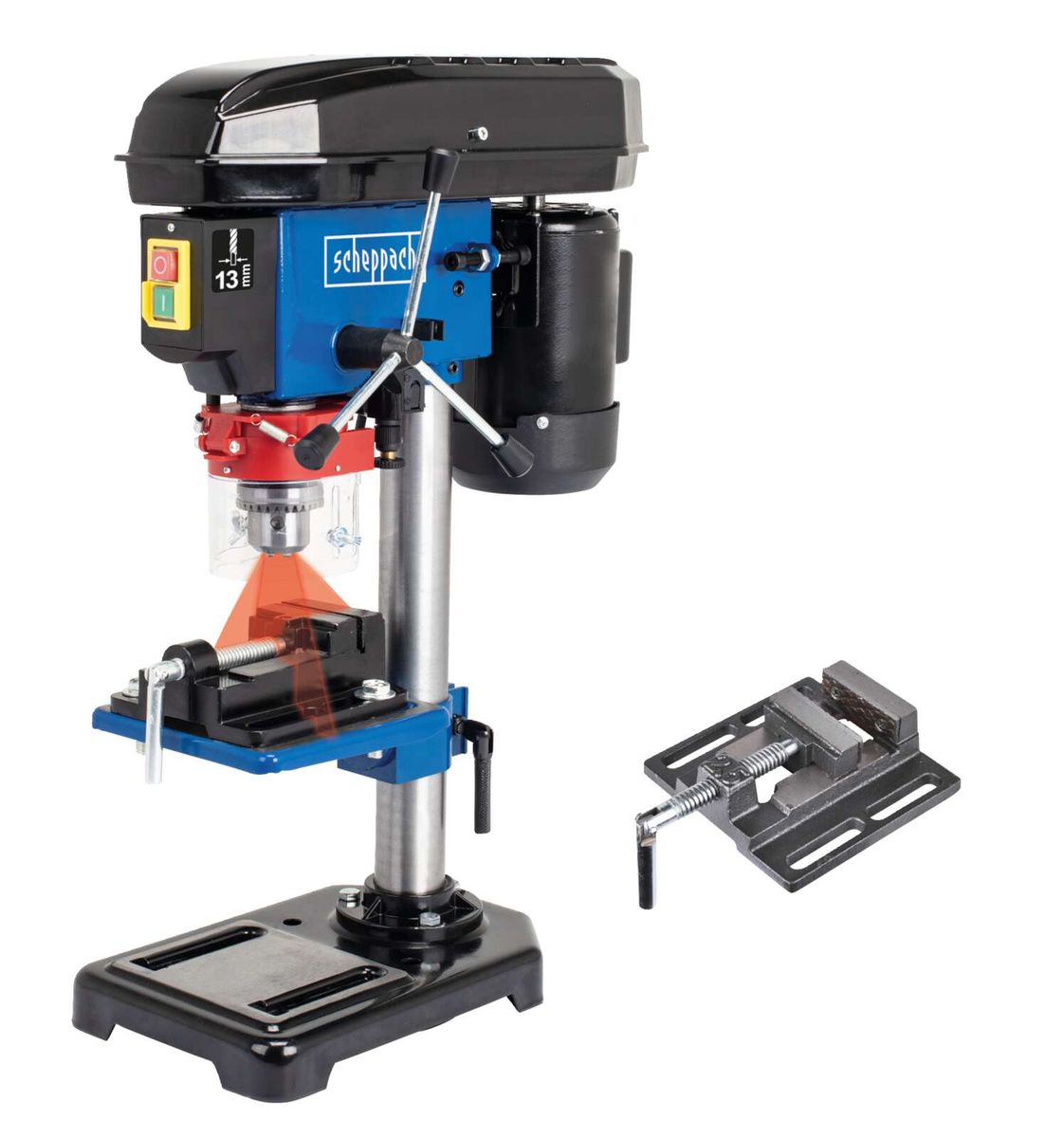 Scheppach bench drill with additional clamp and base plate for accurate drilling