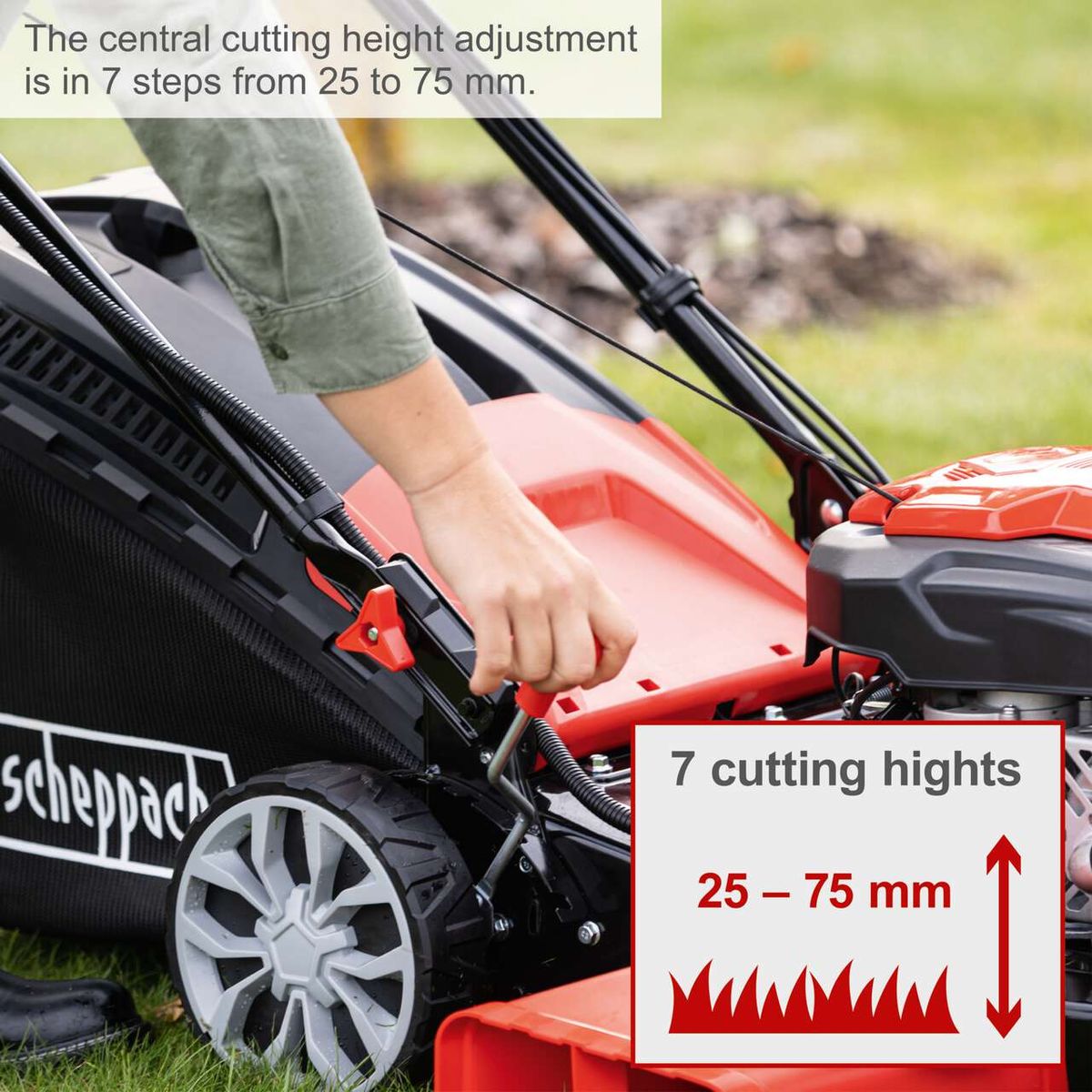 Adjustable cutting height for Scheppach lawnmower with 7 settings ranging from 25 to 75 mm
