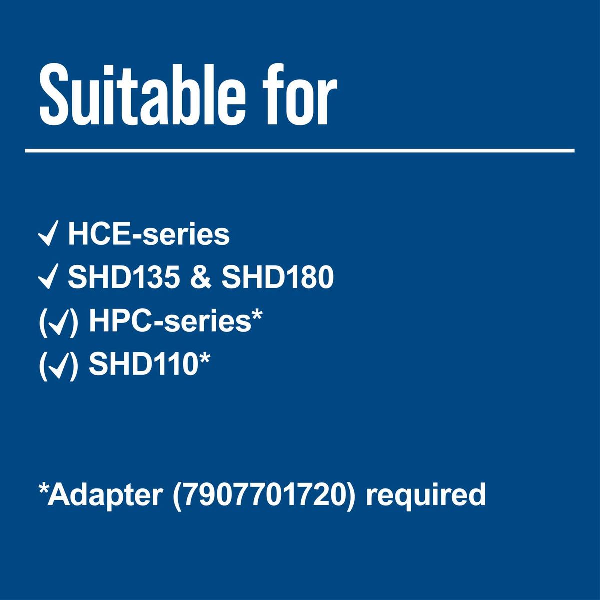 Scheppach compatibility list for HCE series, SHD135, SHD180, HPC series, and SHD110 models with adapter (7907701720)