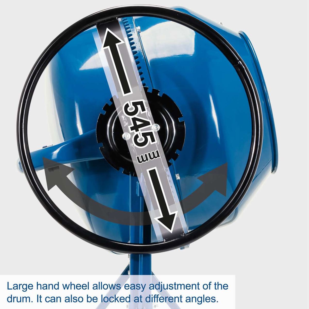 Concrete drum with large handwheel for easy adjustment and locking at multiple angles