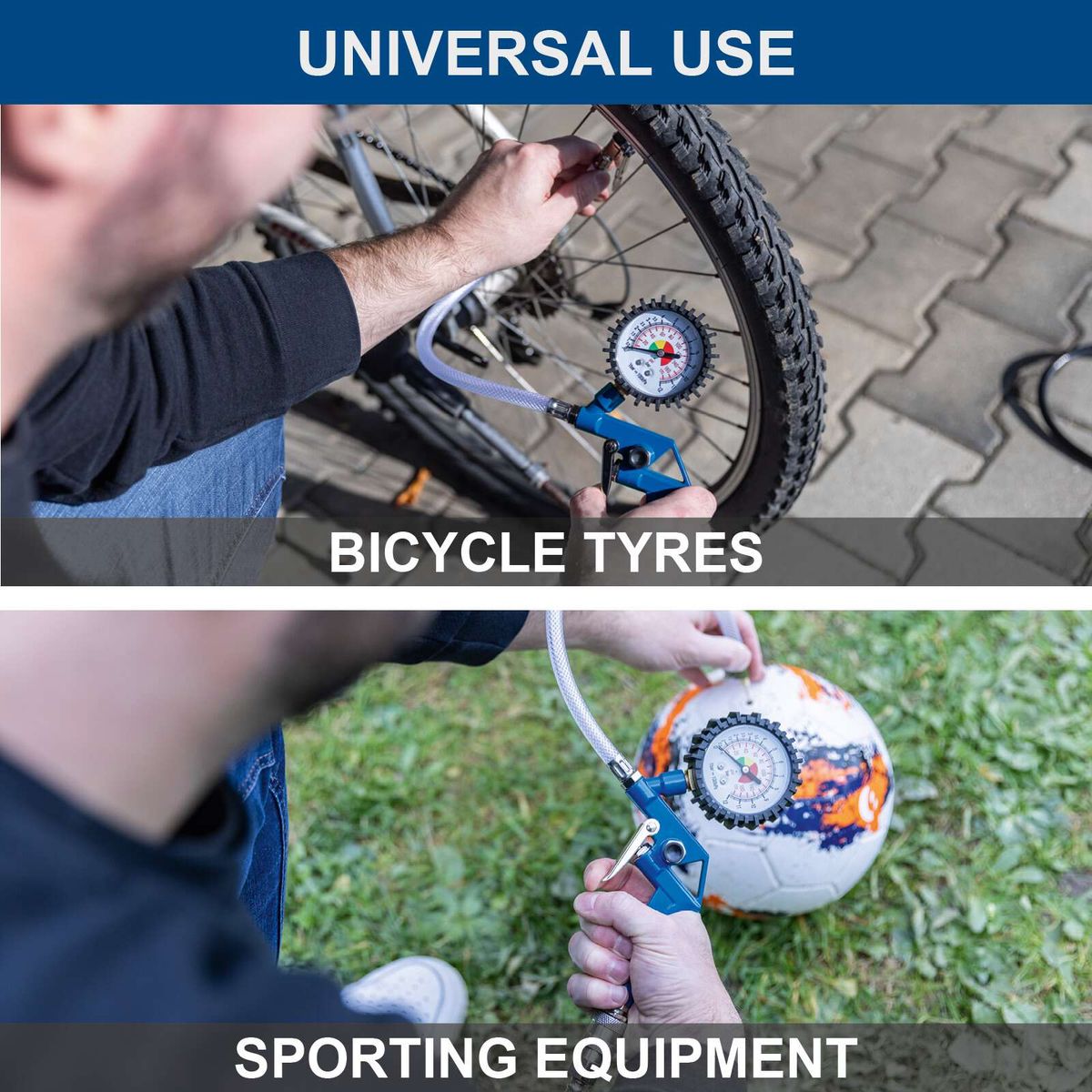 Air compressor with tyre inflator and pressure gauge for sporting equipment inspection