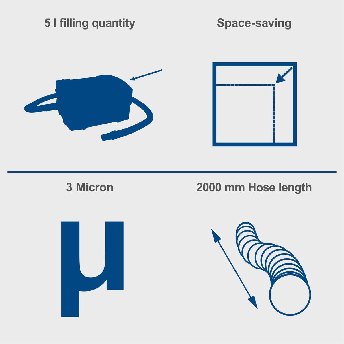 Key features: 5-litre capacity, 3-micron filtration, 2000 mm hose length with flexible nozzle for accurate operation.