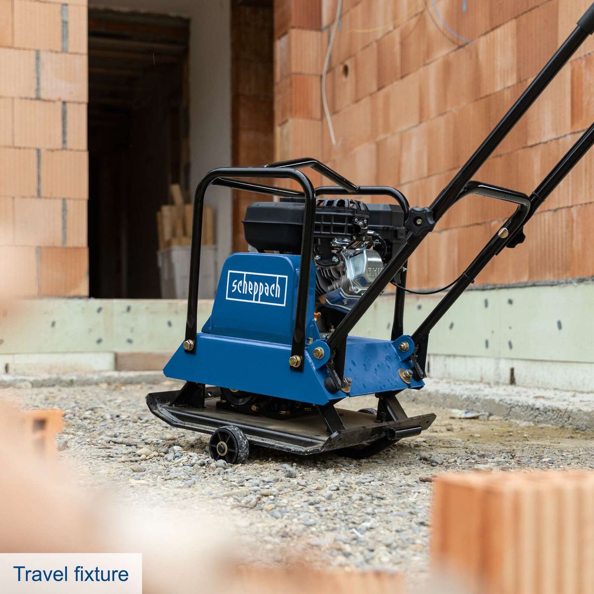 Scheppach petrol vibrating plate compactor with travel fixture and rubber mat for compacting