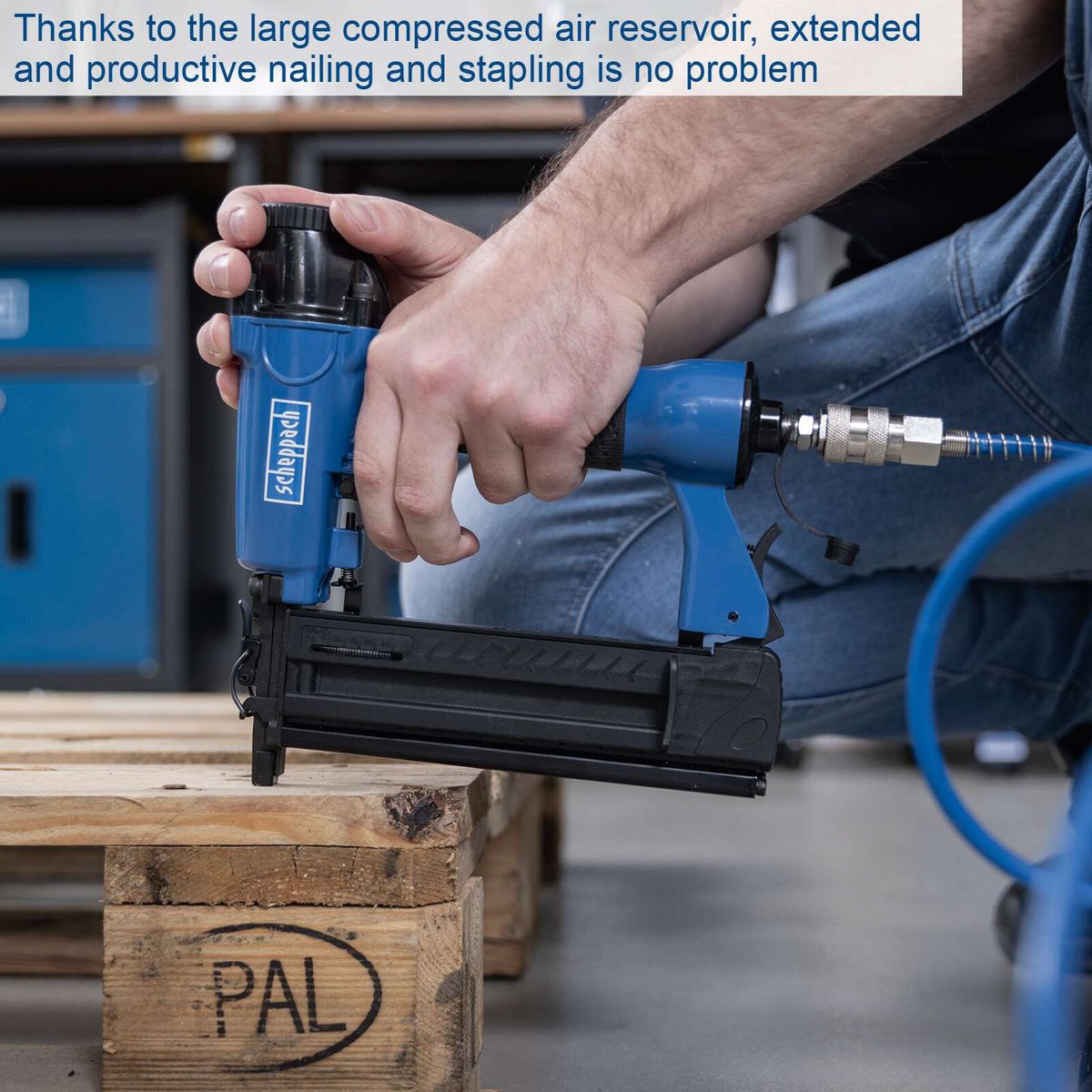 Scheppach air compressor with large air tank for efficient nailing and stapling, ergonomic handle for control
