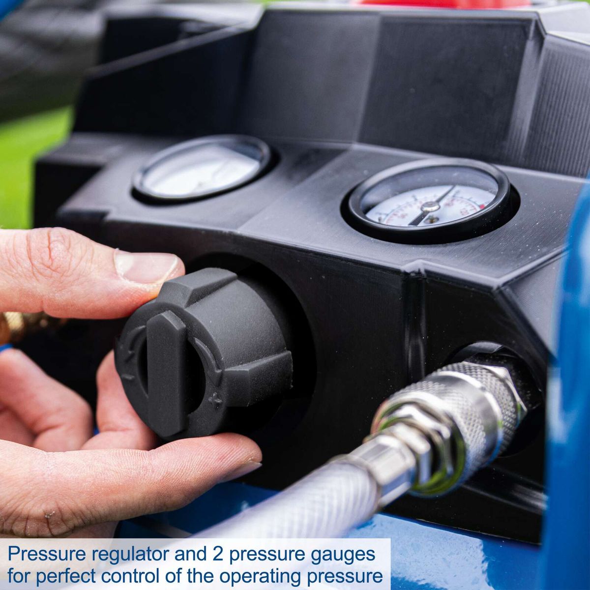 Pressure regulator and two gauges for accurate control of operating pressure
