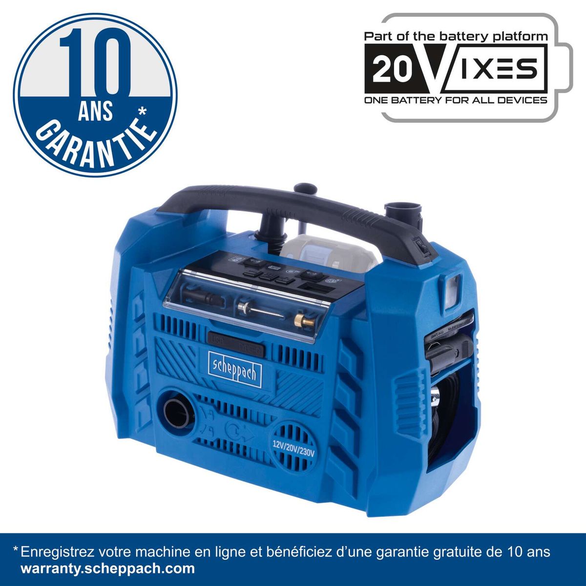 Scheppach Hybrid Airforce 6 compressor featuring a 10-year warranty, battery platform for versatile devices, with 12V/20V/230V output