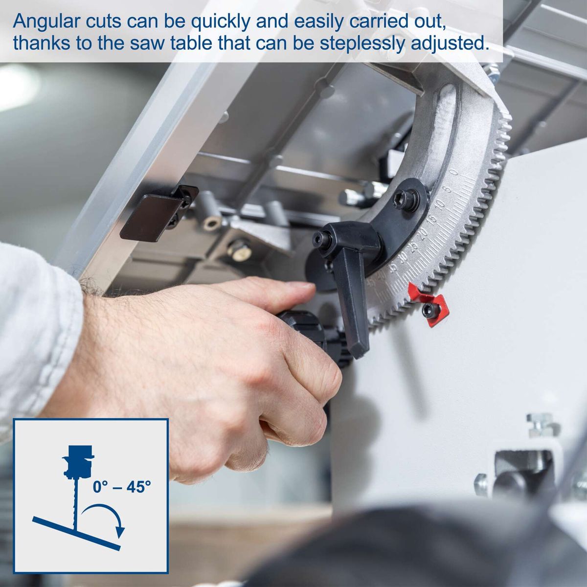 Tilting bandsaw table adjustable between 0° and 45° with mitre gauge attachment