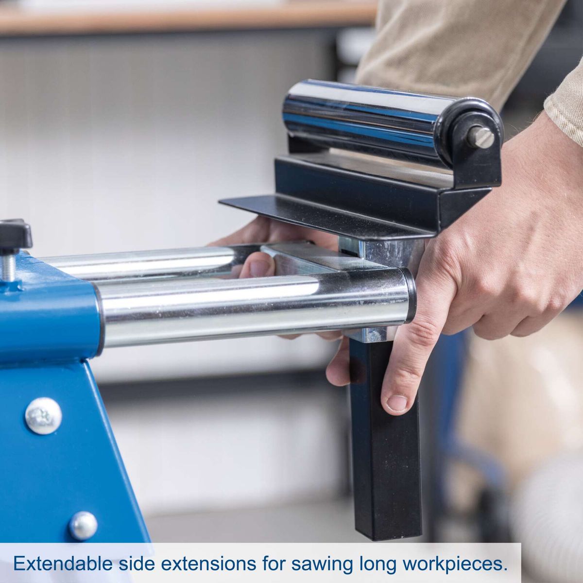Adjustable side extensions for long workpiece cutting on Scheppach stand