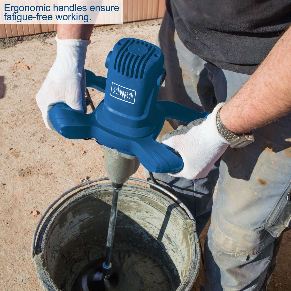 Ergonomic handles for fatigue-free operation of the electric paint and mortar stirrer PM1600