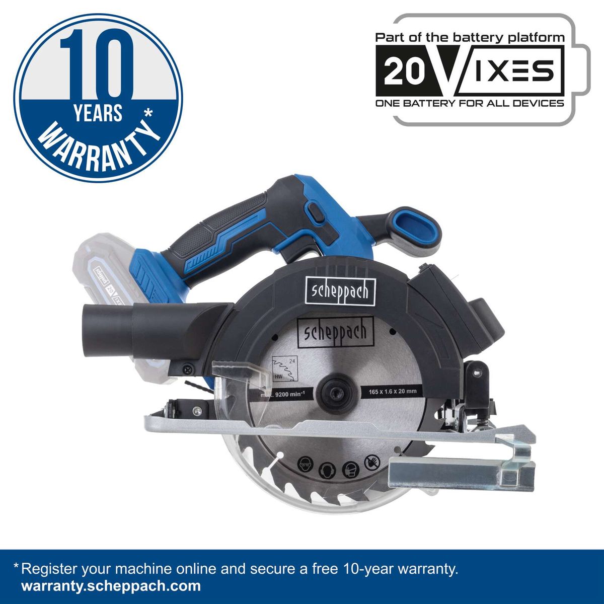 Scheppach cordless circular saw featuring 10-year warranty, 165mm blade, 9200 RPM, LED lighting