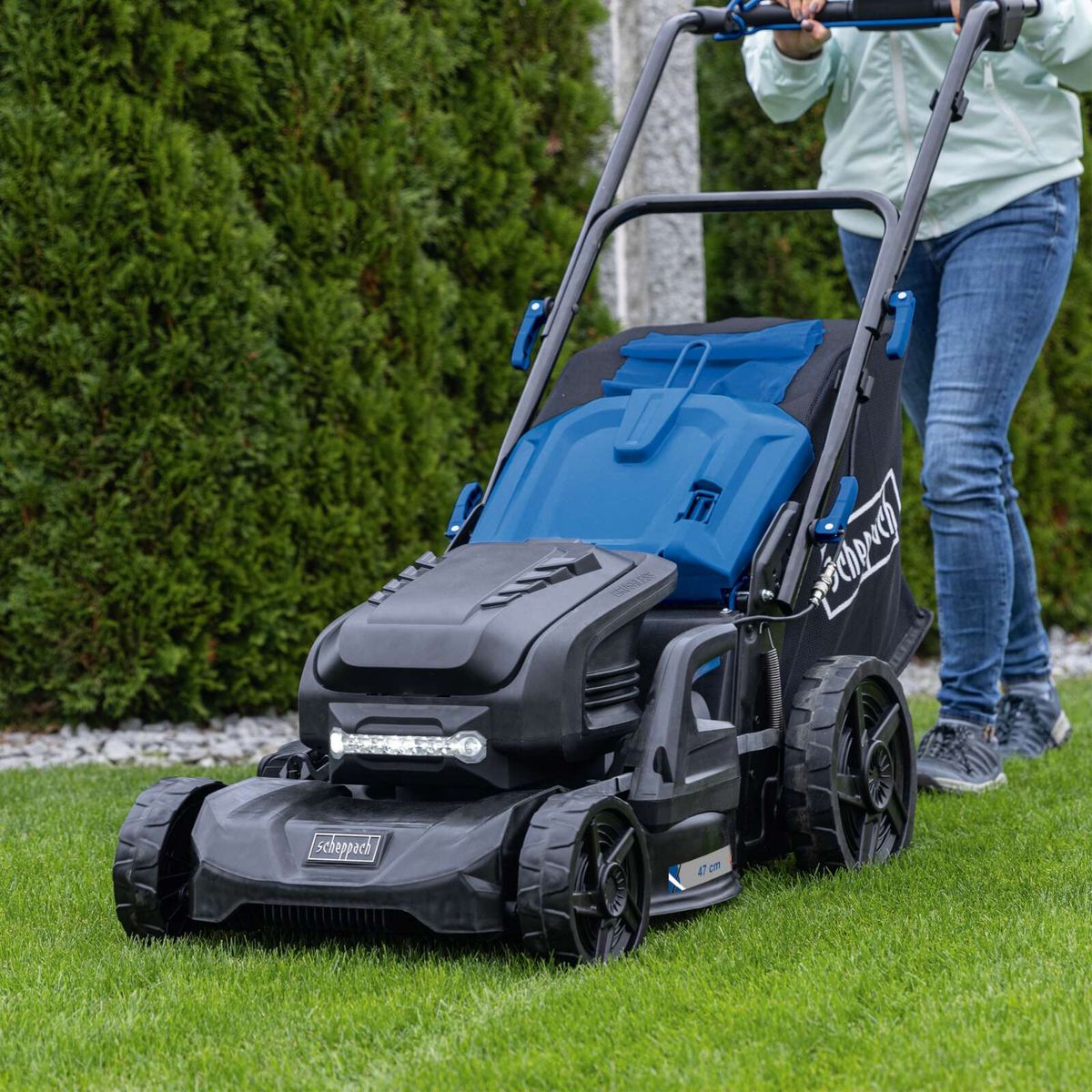 Scheppach cordless lawnmower with LED lighting and variable drive wheels