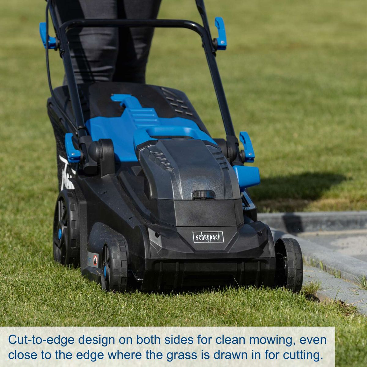 Scheppach cordless lawnmower with precise edge cutting for clean mowing