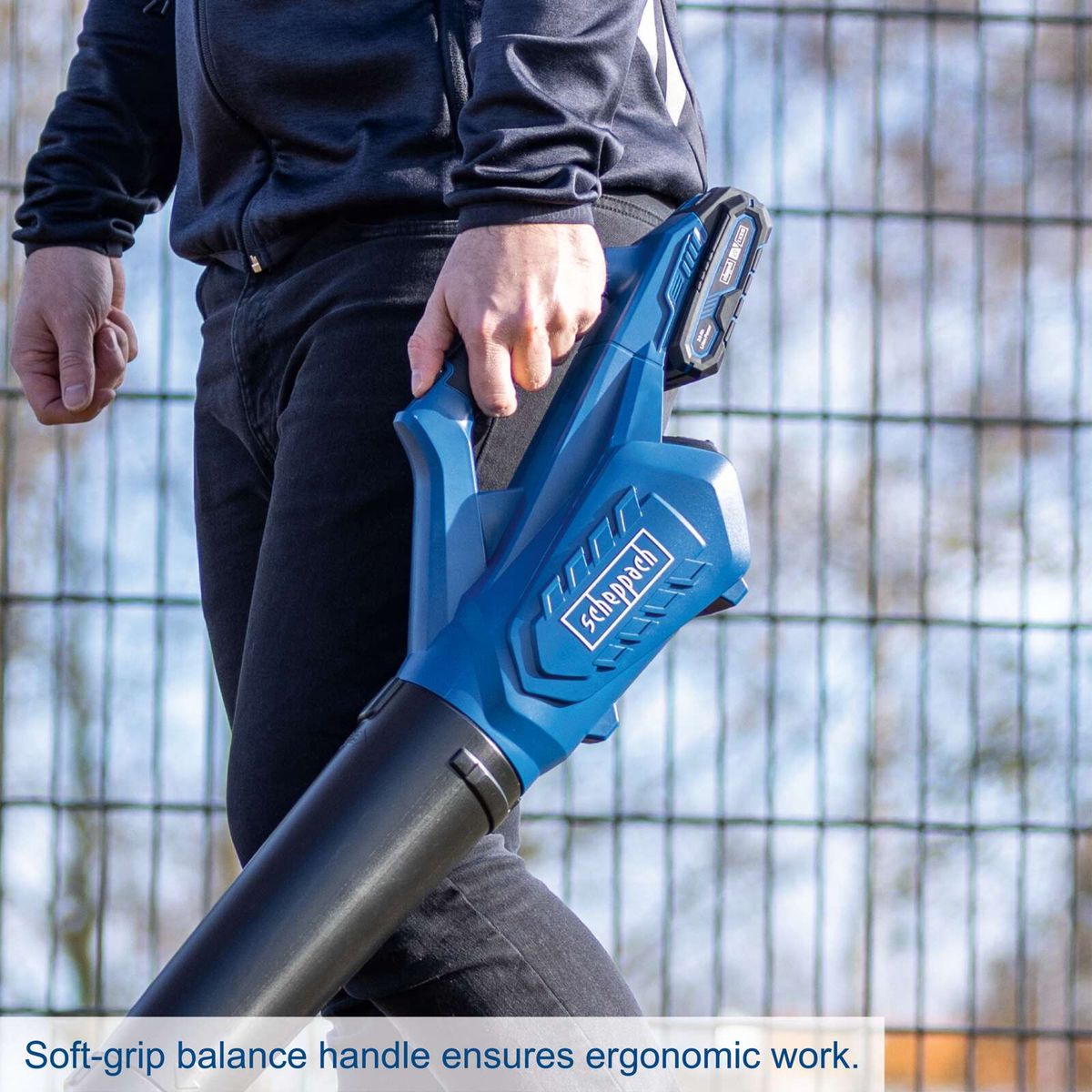 Soft-grip balance handle for ergonomic use with Scheppach cordless leaf blower