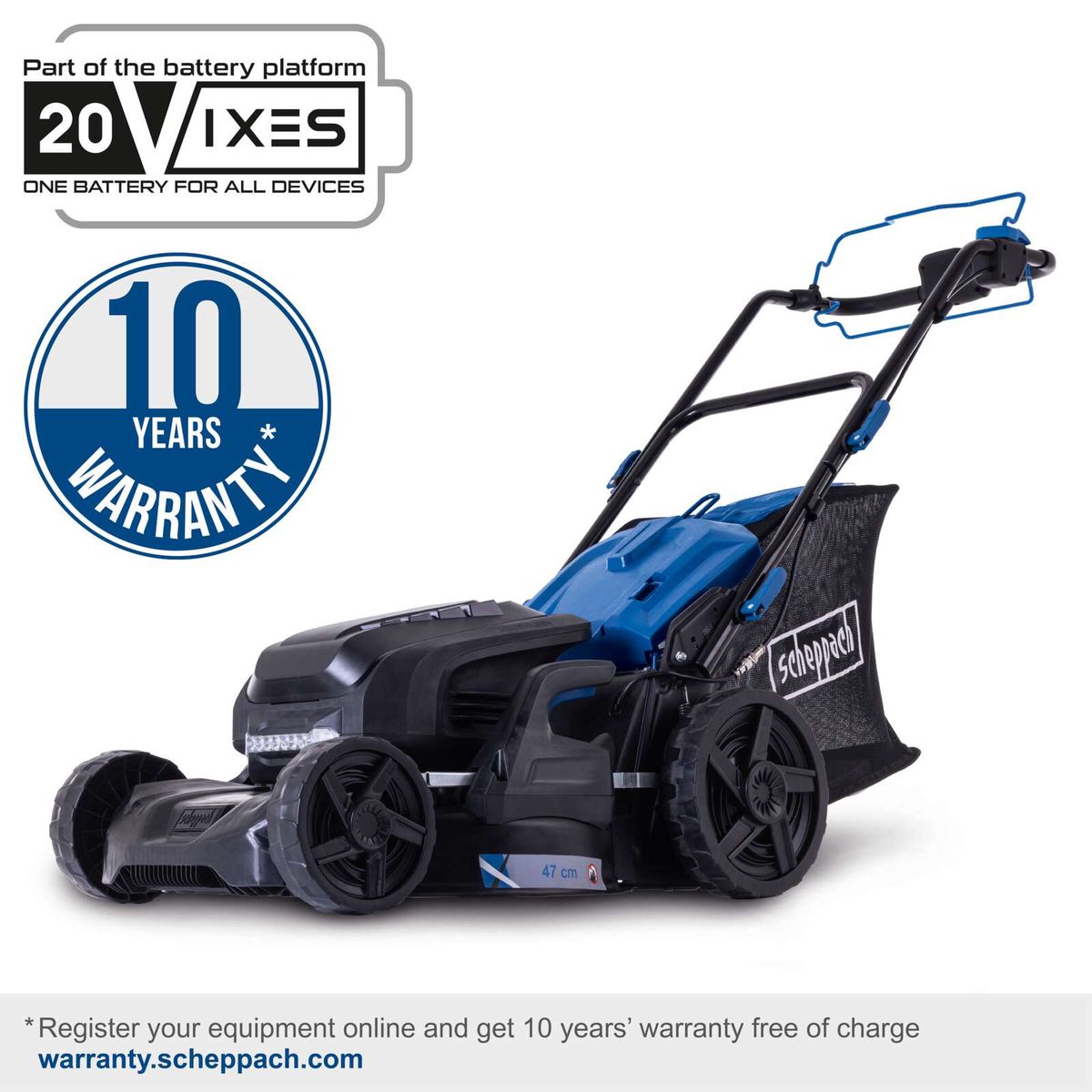 Scheppach battery lawnmower with 47 cm cutting width, 20V system, 75L bagging compartment with mulching kit, 10-year warranty