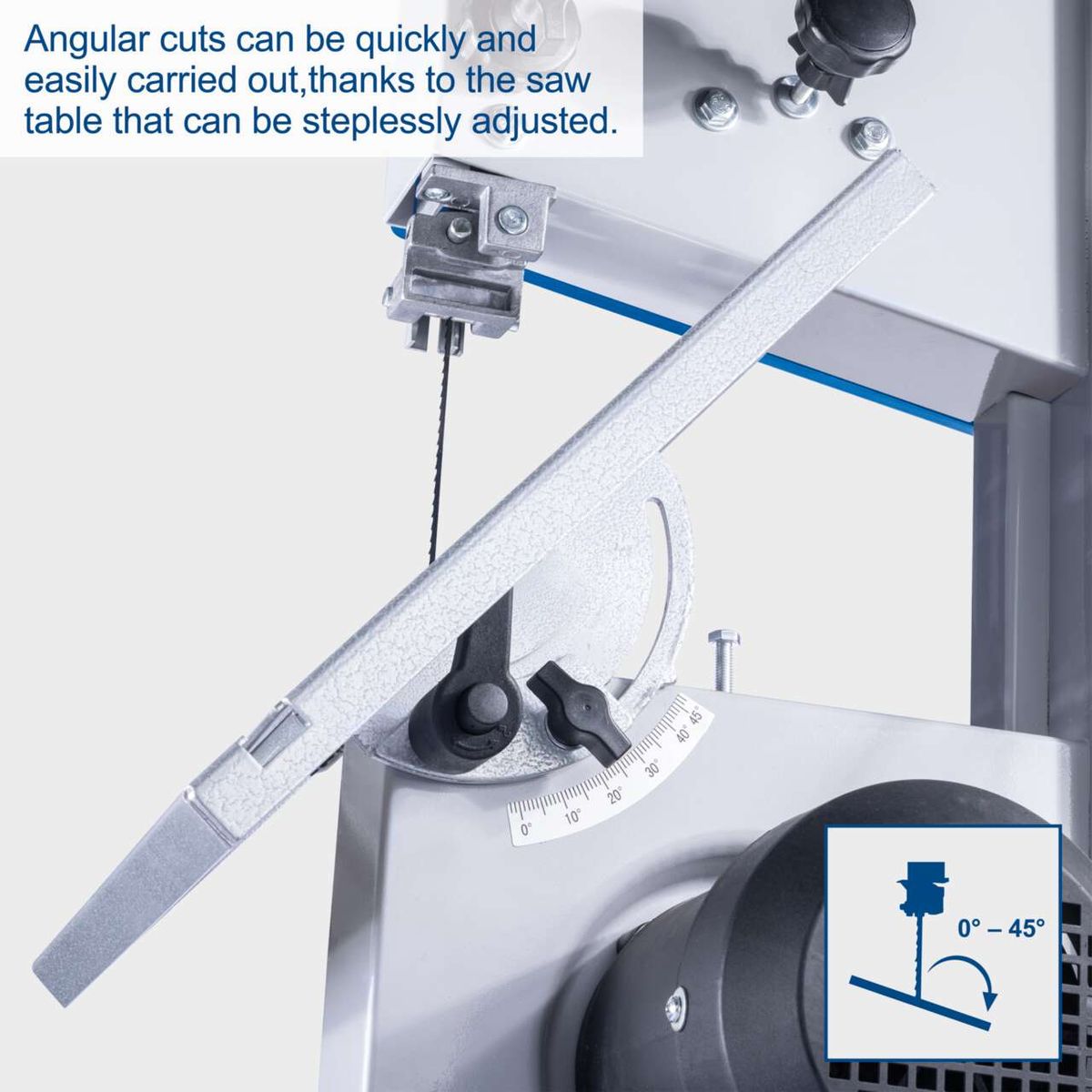 Adjustable tilting table mit mitre gauge for quick and accurate angular cuts up to 45°