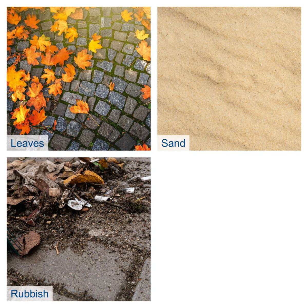 Autumn leaves, sand, and organic debris on a paved surface
