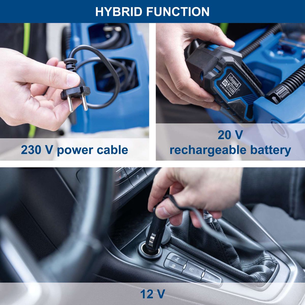 Hybrid function showing 230V AC power input, 20V rechargeable battery and 12V outlet for Airforce 6 compressor set