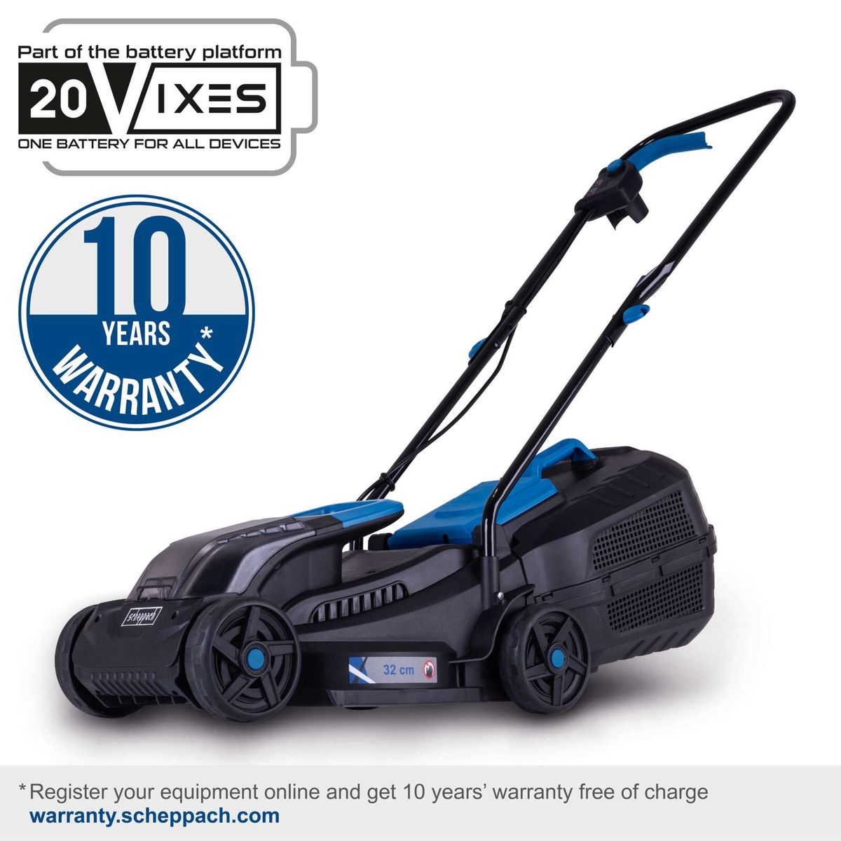 Battery lawnmower with 10-year warranty, 32 cm cutting depth, 20V-X battery system, online registration for warranty included