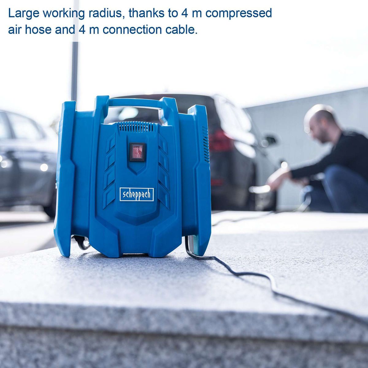 Portable air compressor with 4-meter working range via 4-meter air hose and cable