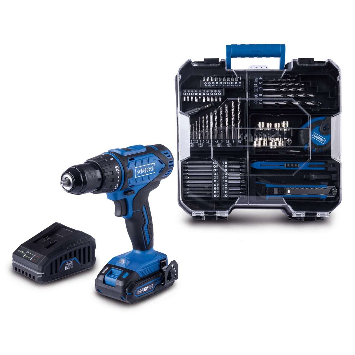 Scheppach tool set featuring drill, cordless drill and a toolbox for accurate drilling and screwing tasks