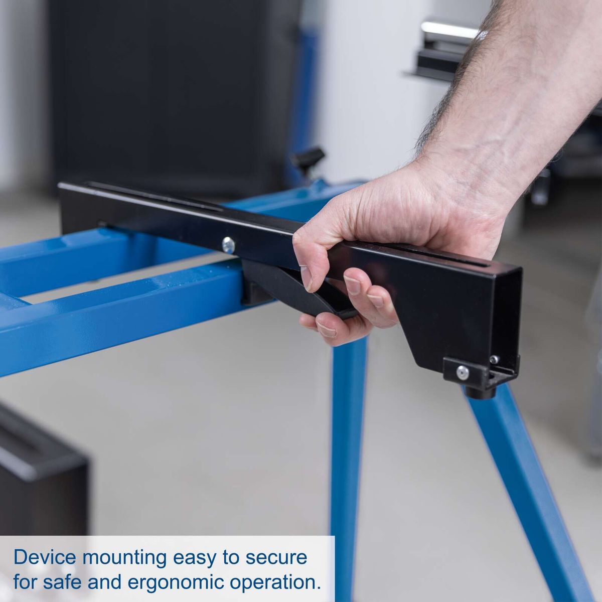 Secure mounting system for safe and ergonomic device placement on mitre saw base