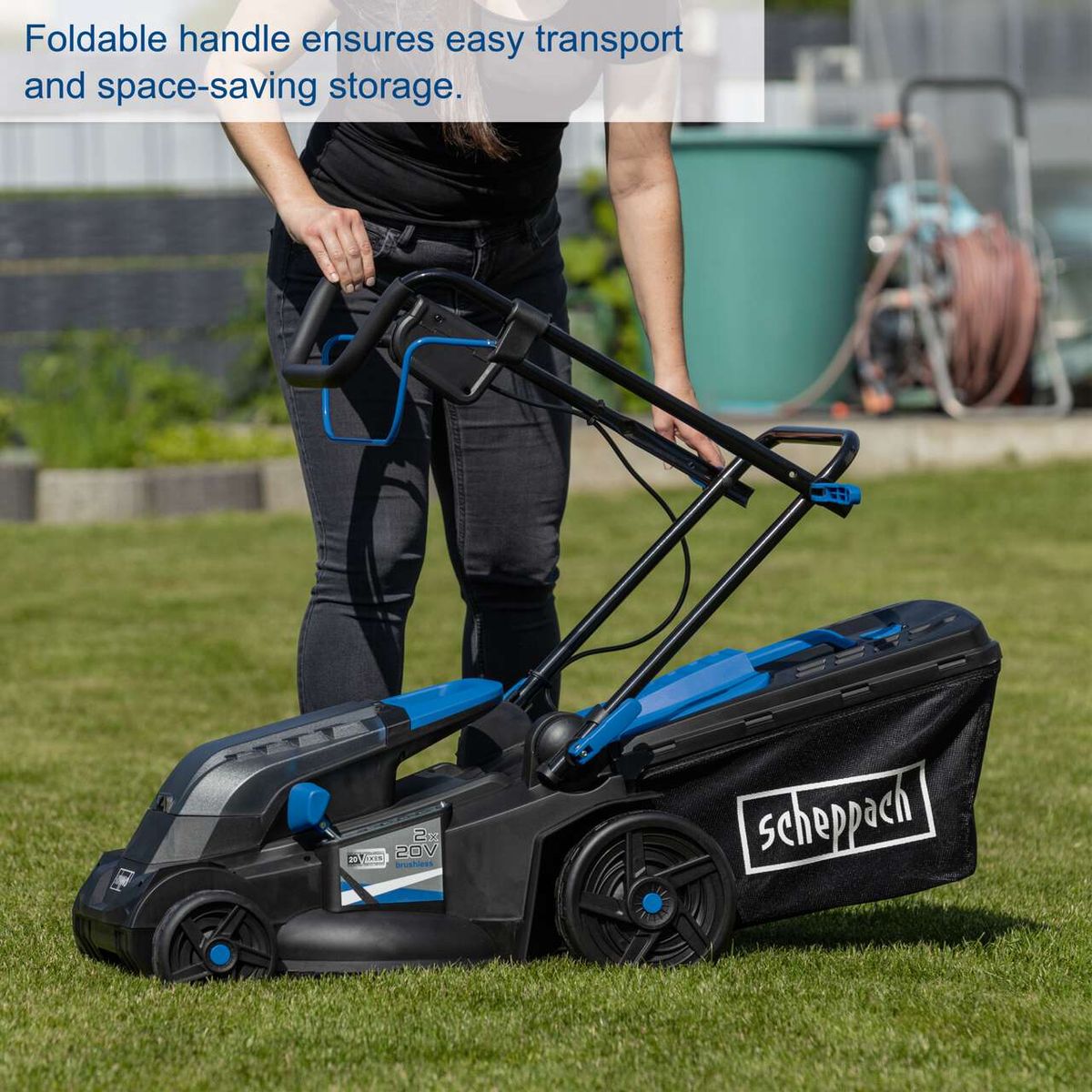 Foldable handle for easy transport and space-saving storage of a Scheppach battery-powered lawnmower