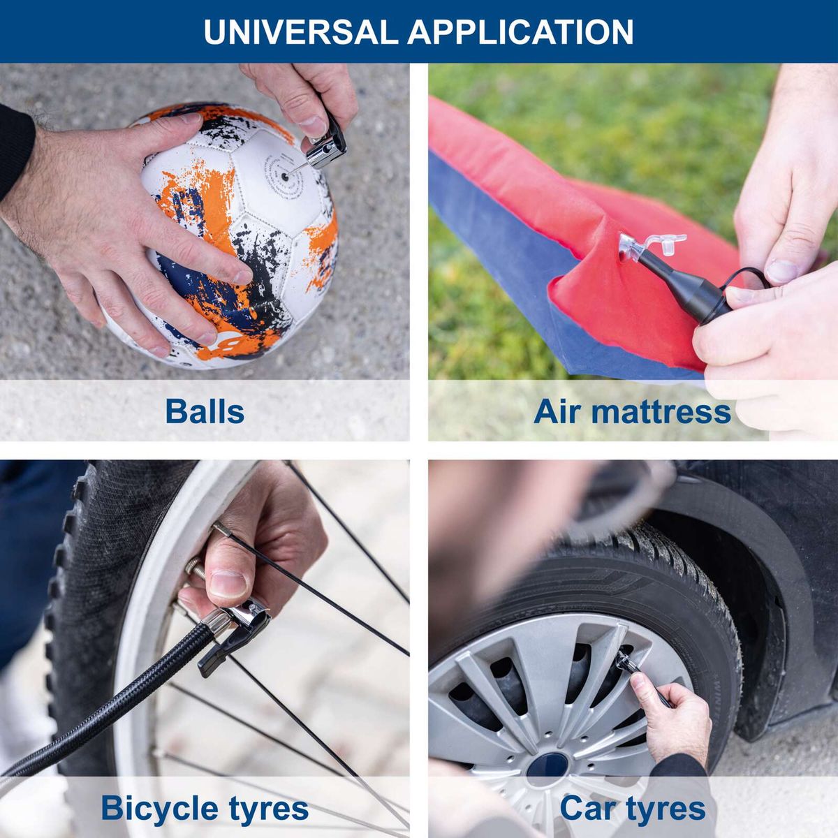 Versatile tool for air regulation across different items: air mattresses, sports balls, bicycle and car tires
