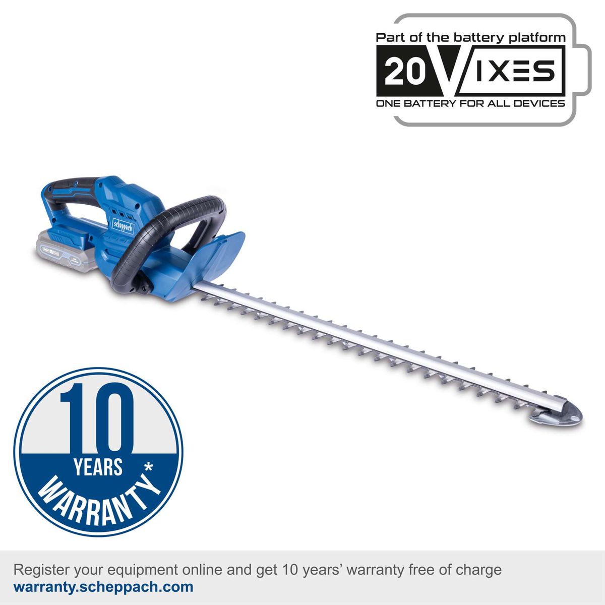 Scheppach cordless hedge trimmer with 10-year warranty, part of 20V battery system, featuring long hedge trimmer blade