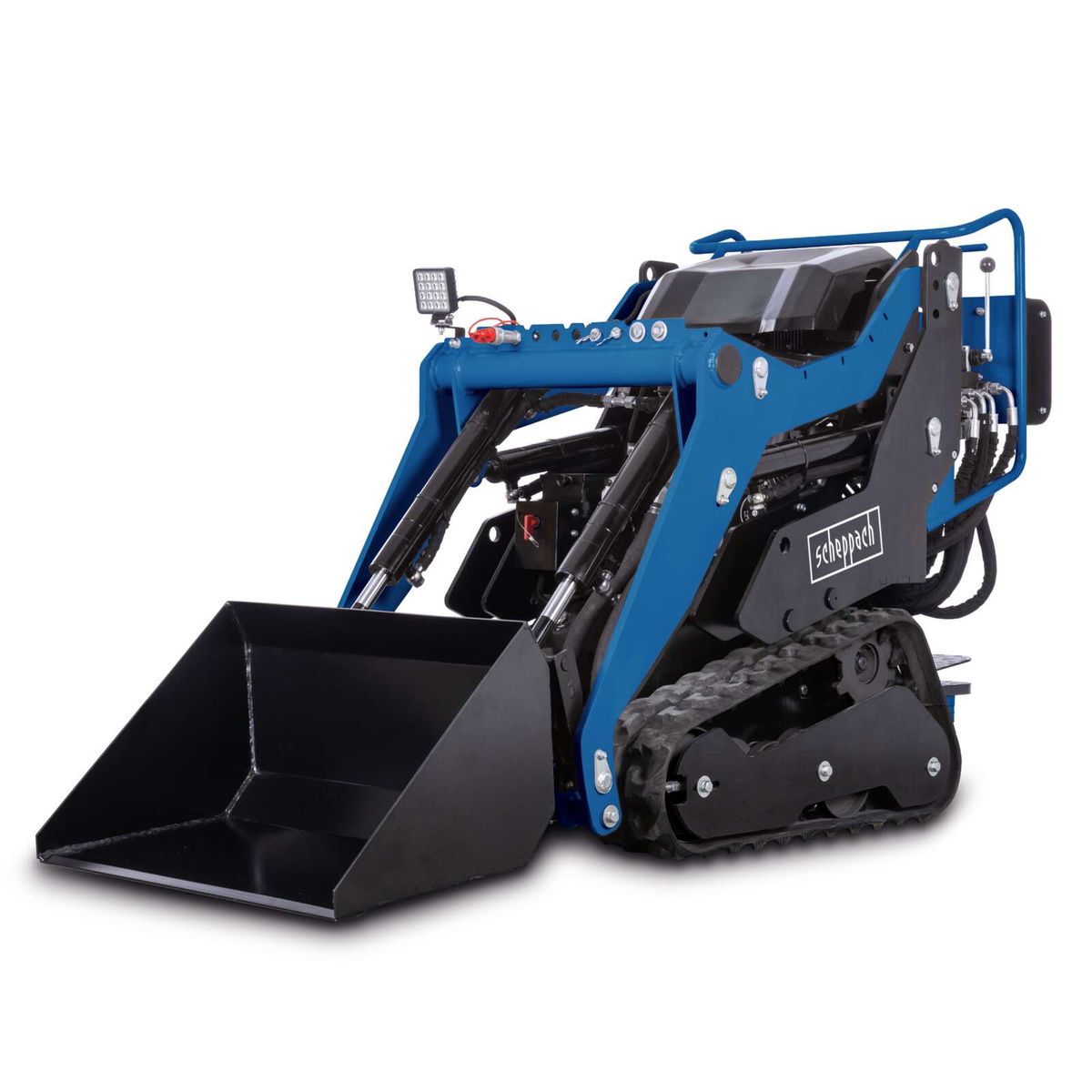 Compact loader with hydraulic bucket and articulated arm for precise material handling