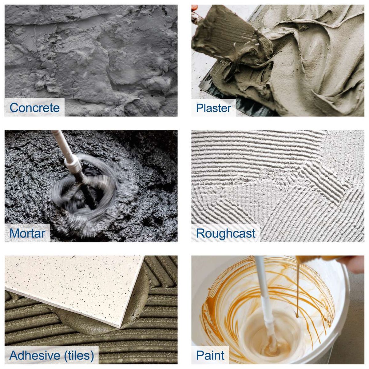 Materials: Concrete, plaster, mortar, roughcast, tile adhesive, paint and mortar mix