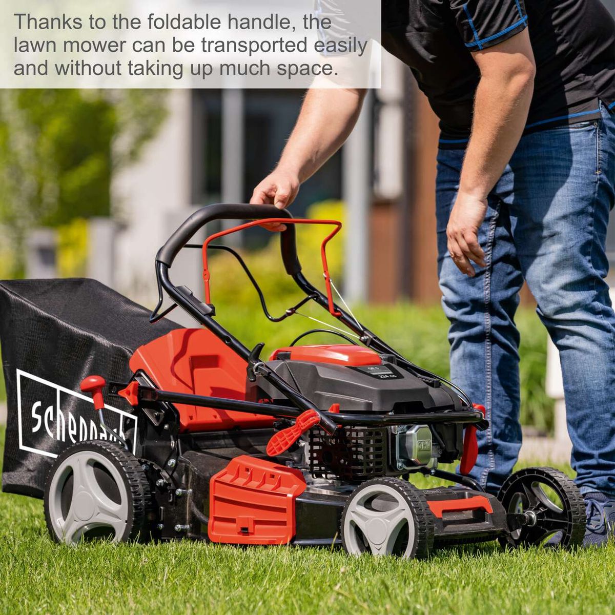 Foldable handle for easy transport and compact storage of a Scheppach lawn mower