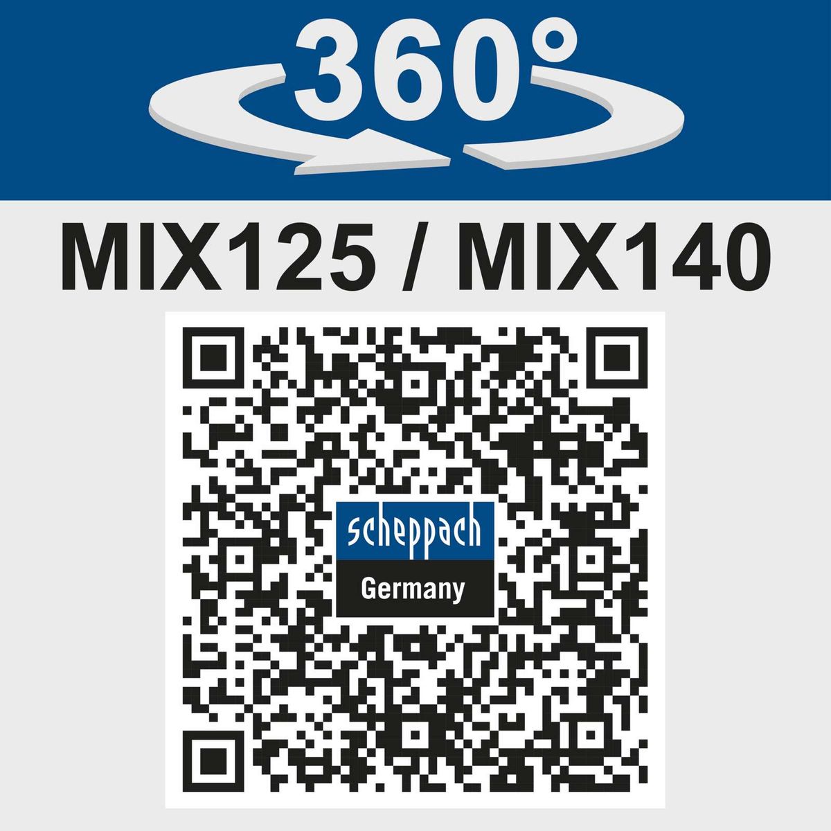 360° rotation feature for MIX125/MIX140 mixer with QR code linking to Scheppach product info